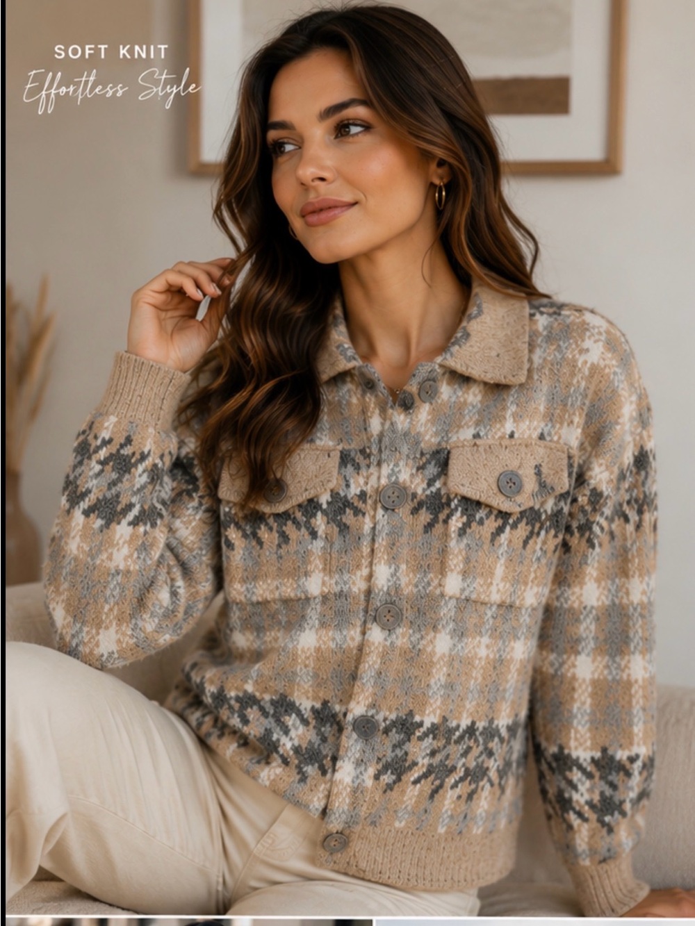 Tahari Beige and Gray Knit Teddy Shacket